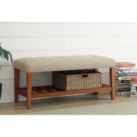Modern Beige Fabric Seat Bench - Oak Finish Details, High Foam Padding, Storage Chic Lounge Accents, Comfortable