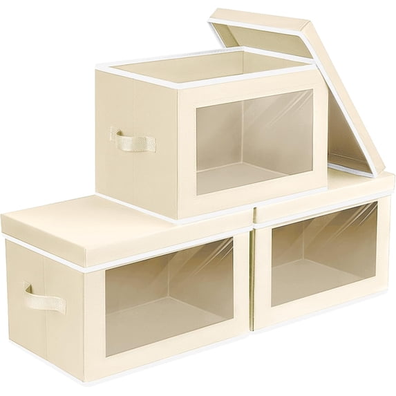 Beige Fabric Storage Bins with Lids, Set of 3 Storage Cubes with Clear ...