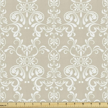 Ambesonne Beige Fabric by the Yard Upholstery, Traditional Lace Design, 5 Yards, White Beige