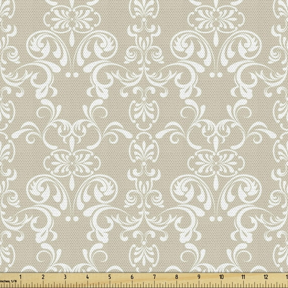 Ambesonne Beige Fabric by the Yard Upholstery, Traditional Lace Design, 10 Yards, White Beige