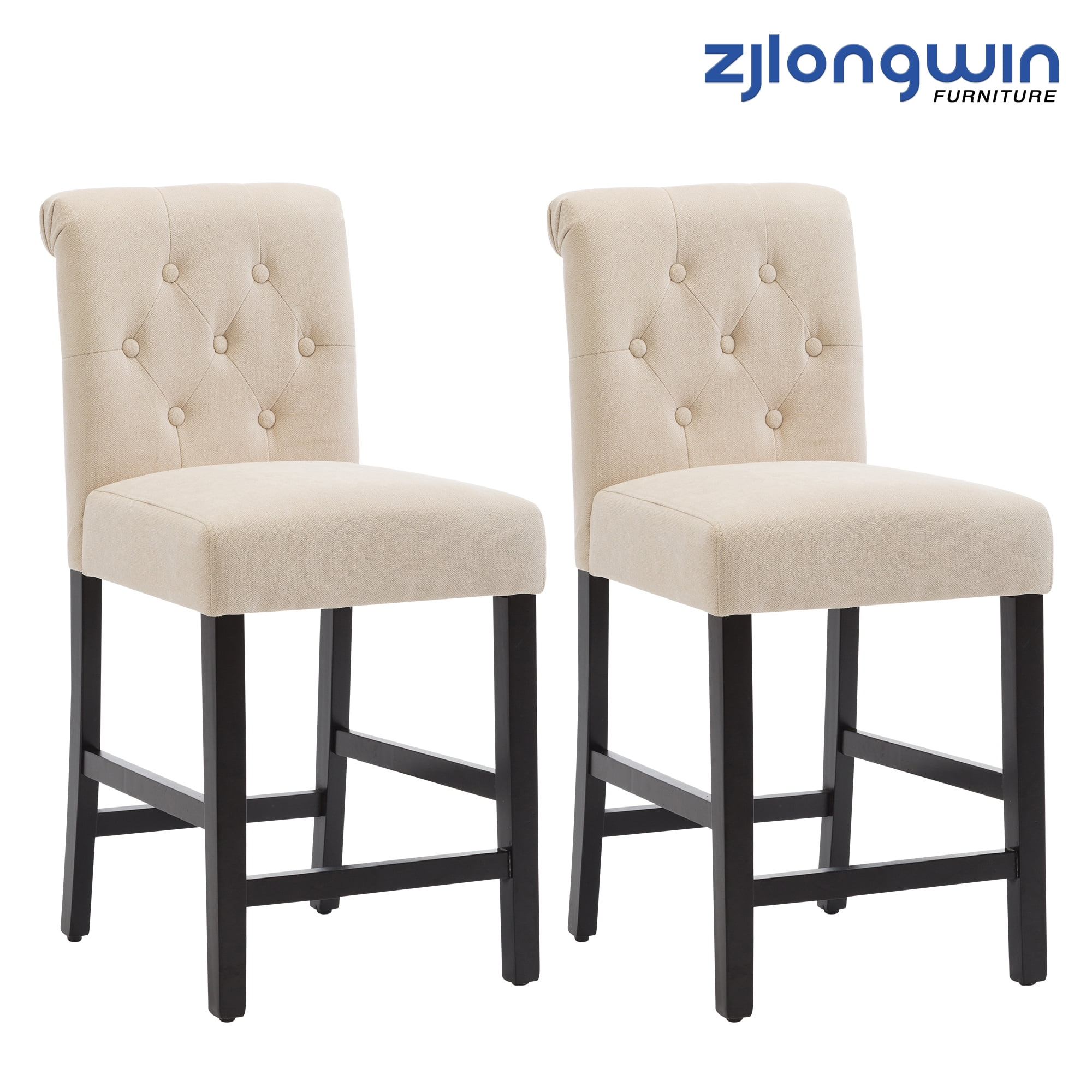 Beige Fabric Upholstered Counter Height Barstools with Button-Tufted Back, Set of 2