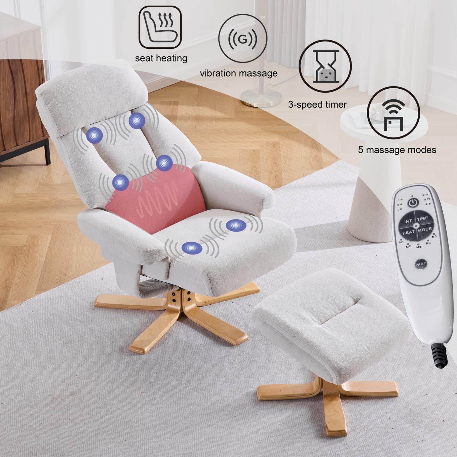 Beige Fabric Upholstered Heated Massage 360 Degree Swivel Accent Chair, Ergonomic Single Sofa with Ottoman and Adjustable Backrest for Living Room Bedroom Reading Nook, Beige