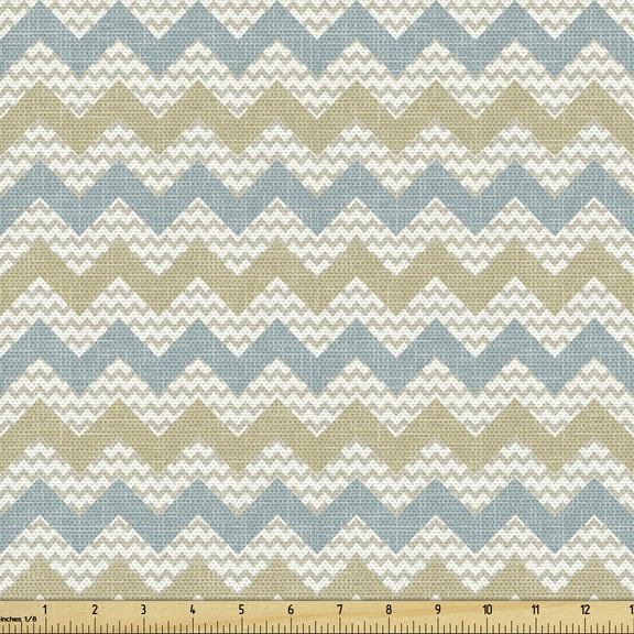 Ambesonne Beige Fabric by the Yard Upholstery, Herringbone Line Pattern, 1 Yard, Beige Stale Blue Dust