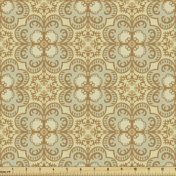 Ambesonne Beige Fabric by the Yard Upholstery, Damask Vintage Bohemian, 2 Yards, Cream Beige