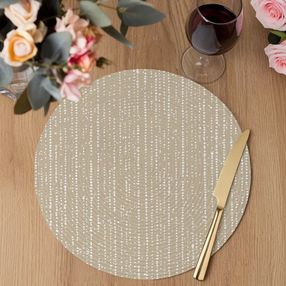 Beige Faded Stripes Round Braided Placemats Set of 1, Vintage Abstract Art Minimalist Dots Lines Heat Insulation Place Mats Washable Non-Slip Table Mats for Kitchen Dining Party, 13 Inches