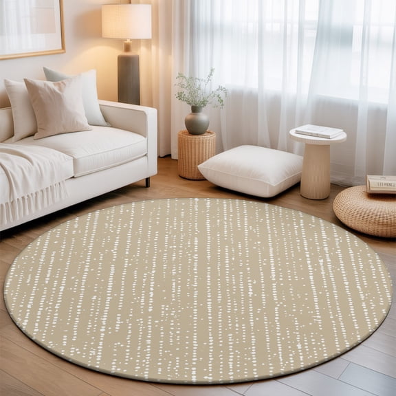 Beige Faded Stripes Small Round Rug 3Ft Vintage Abstract Art Minimalist Dots Lines Area Rugs Washable Non Slip Indoor Floor Mats Circle Carpet for Living Room Bedroom Dining Room Home Decor
