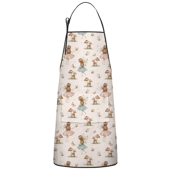 Beige Fairy Mushroom Pattern Apron-Garden Aprons for Women with Pockets-Cotton Linen Waterproof Kitchen Cooking Gardening Aprons Adjustable for Kitchen,Cooking,BBQ and Salon 33x27 Inch