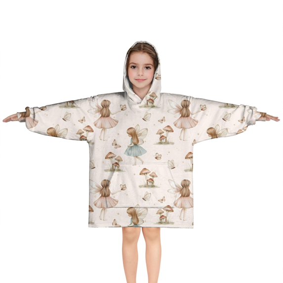 Beige Fairy Mushroom Pattern Blanket Hoodies for Kids 6-13YR Oversize Wearable Blanket Hoodies for Boys Girls Teens