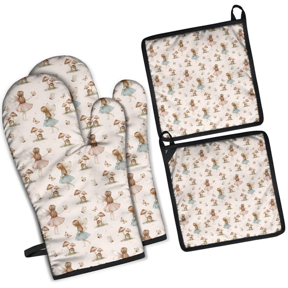 Beige Fairy Mushroom Pattern Kitchen Oven Mitt and Pot Holder Sets 2 Pcs for Baking, Cooking and Grilling, Heat Resistant Up To 392 °F