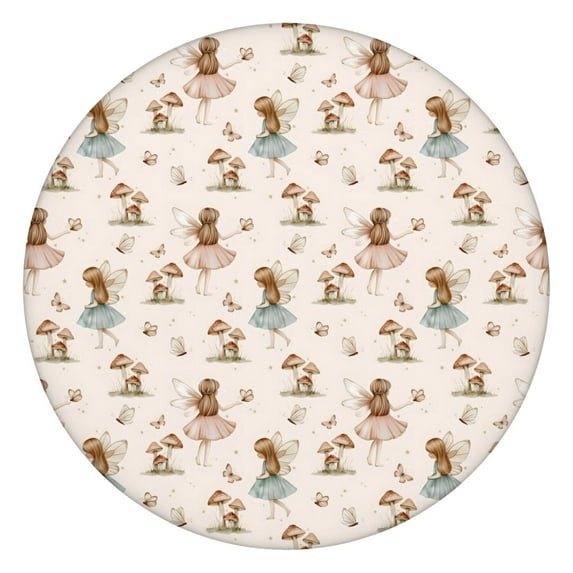 Beige Fairy Mushroom Pattern Round Fitted Tablecloth with Elastic Edge,Dining Table Cover Waterproof,Outdoor Round Tablecloth for Camping,Dining,Indoor and Outdoor