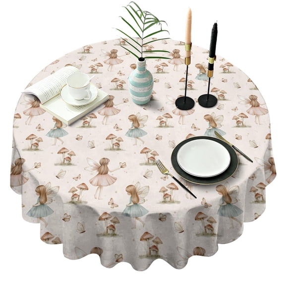 Beige Fairy Mushroom Pattern Round Tablecloth 60"x60",Wrinkle Wipeable Table Cloth for Kitchen Dining Room Picnic Patio Party