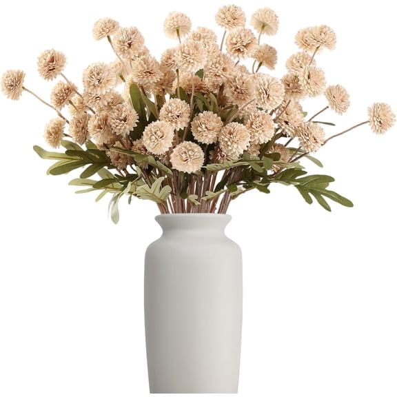 Beige Fake Flowers Long Stem 10PCS, Artificial Flowers Silk Mini Chrysanthemums for Vase, Fake Pompon Mums Vintage Dried Faux Decorative for Home Centerpieces Farmhouse