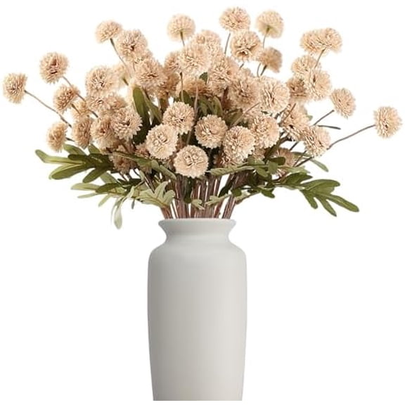 Beige Fake Flowers Long Stem 10PCS, Artificial Flowers Silk Mini Chrysanthemums for Vase, Fake Pompon Mums Vintage Dried Faux Decorative for Home Centerpieces Farmhouse
