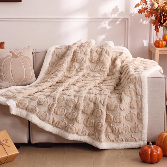 Beige Fall Halloween Pumpkin Throw Blanket 50" x 60" 3D Pumpkin | Reversible Thick Plush Soft Fluffy Blanket, Autumn Throw for Couch Sofa Bed, Harvest Decor, Thanksgiving Gift for Women Mom