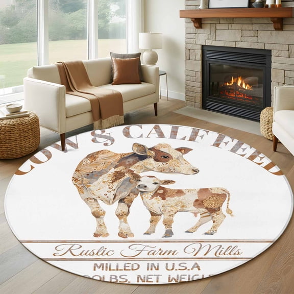 Beige Farm Animals 6ft Round Rugs, Cow Farmhouse Washable Non-Slip Area Rugs for Living Room Bedroom Kitchen, Soft Low Pile Dining Room Kicthen Circle Carpet, Indoor Floor Rug