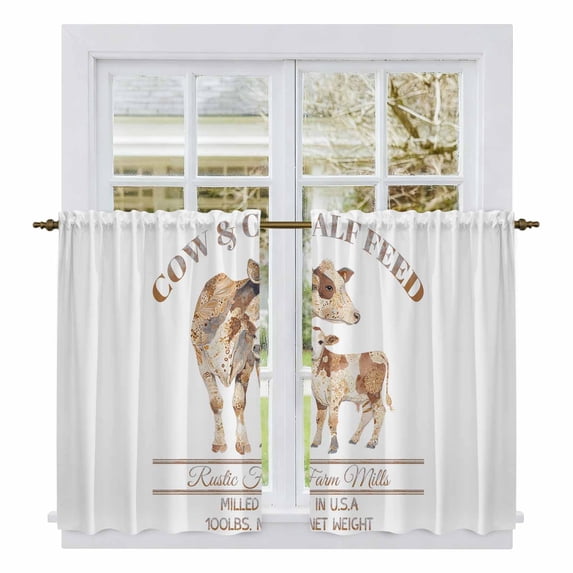 Beige Farm Animals Tier Curtains 54 Inch Length, Cow Farmhouse Cafe Short Curtains for Bathroom Over Sink, Small Kitchen Curtain Light Filtering Tiered Drapes 2 Panels 27.5"Wx54"L