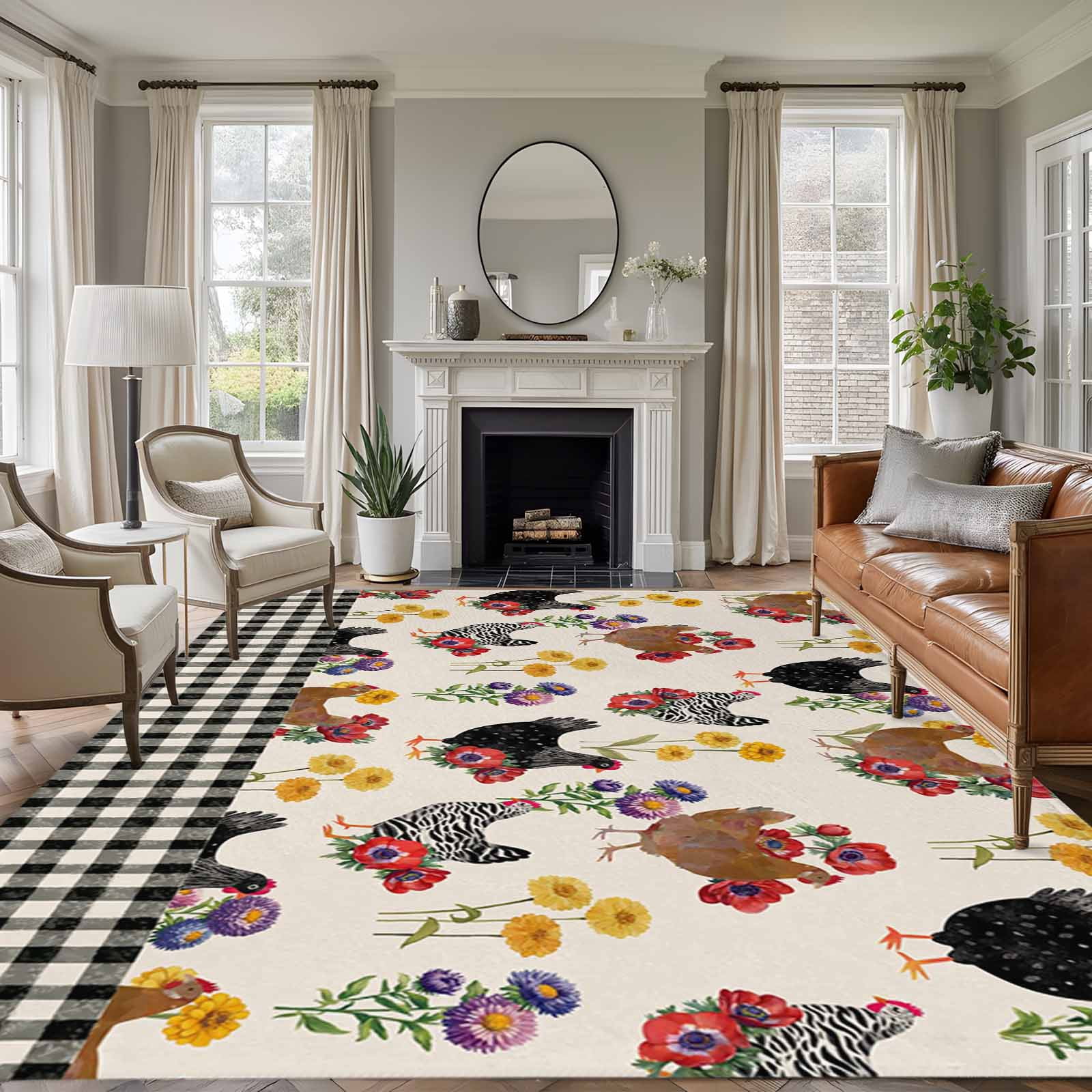 Chiken Rugs Beige Farm Chicken 6'x9' Rug for Dining Room Table and Chair Setup ...