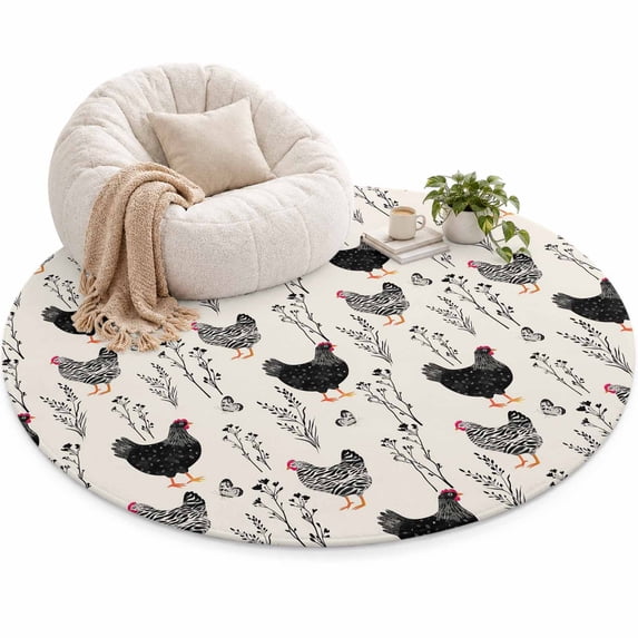 Beige Farm Chicken Area Rug 5', Country Farmhouse Black White Rooster ...
