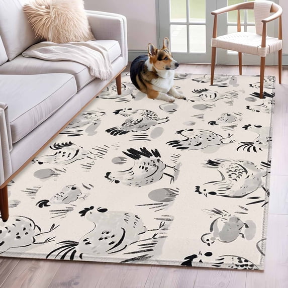 Beige Farm Chicken Area Rugs 3x5 ft Country Farmhouse Black White Rooster Chick Eggs Washable Rug Non Slip Indoor Carpet Absorbent Floor Mat for Living Room Bedroom Dining Room