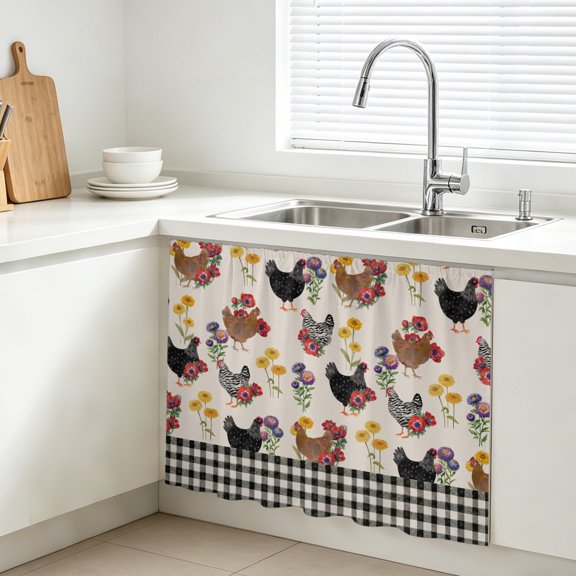 Beige Farm Chicken Cabinet Curtains for Kitchen 10"W x 11"L, Farmhouse Rooster Flower Leaf Black Buffalo Plaid Under Sink Skirt Magic Tape Short Curtain Decorative Privacy Panel for Bathroom Laundry