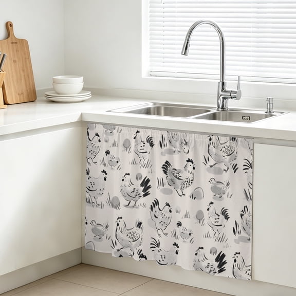Beige Farm Chicken Cabinet Curtains for Kitchen 11"W x 13"L, Country Farmhouse Black White Rooster Chick Eggs Vanity Cabinet Curtains Magic Tape Short Curtain Decor Privacy Panel for Bathroom Laundry