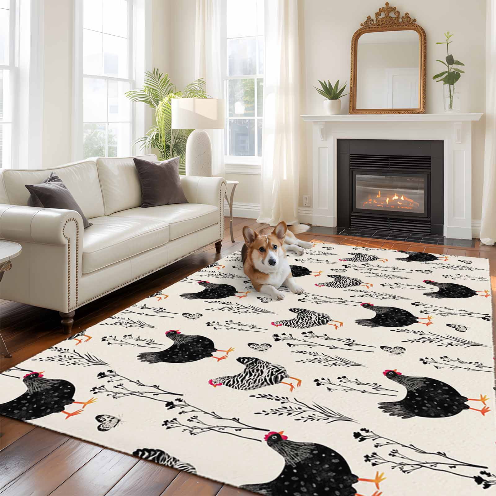 Behg Designs Chicken Rug Beige Farm Chicken Large Area Rugs 5x8 ft Country Farmhouse Black White ...