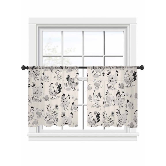 Beige Farm Chicken Sheer Curtains 2 Panels Set Country Farmhouse Black White Rooster Chick Eggs Sheer Window Curtains Light Filtering Rod Pocket Voile Drapes for Bedroom Living Room 52"x54"