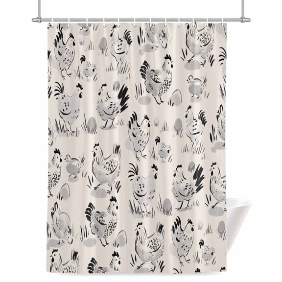 Beige Farm Chicken Shower Curtain, 36" x 72", Country Farmhouse Black White Rooster Chick Eggs Waterproof Bathroom Curtain Washable Shower Curtain Set with 12 Hooks