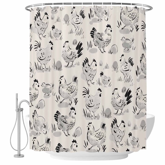 Beige Farm Chicken Shower Curtain for Bathroom, Country Farmhouse Black White Rooster Chick Eggs Waterproof Cloth Fabric Bathroom Accessories Set with 9 Rust Proof Plastic Hooks, 36"x72"