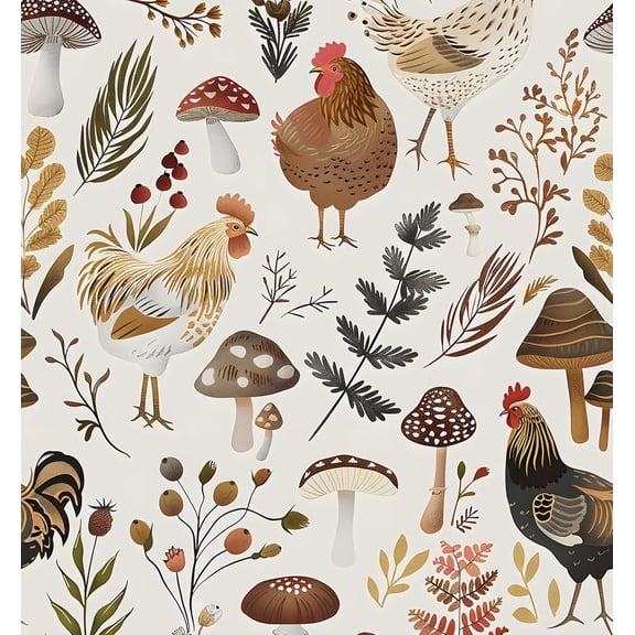 Beige Farm Rooster Peel and Stick Removable Floral Leaf Mushroom Contact Paper 17.5" x 118" Pastoral Style Mural Waterproof Self-Adhesive Wallpaper for Wall Bedroom Bathroom Cabinet