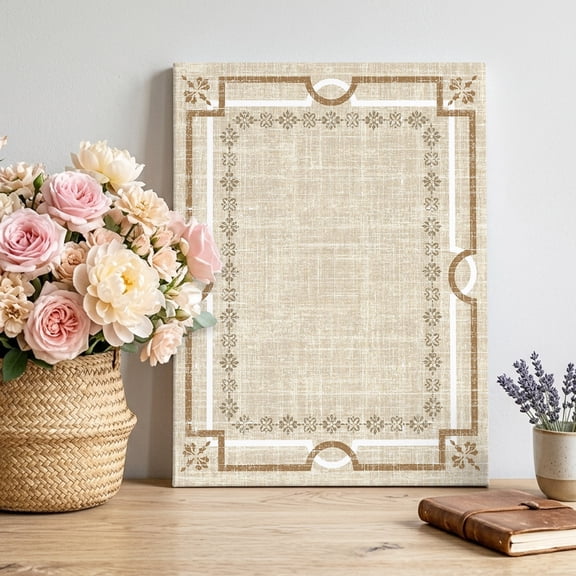 Beige Farmhouse Canvas Wall Art for Living Room, Linen Texture Geometric Lines Floral Boho Poster Print Painting for Bedroom Office Home Decoration Wall Pictures Prepare To Hang 16"x16"