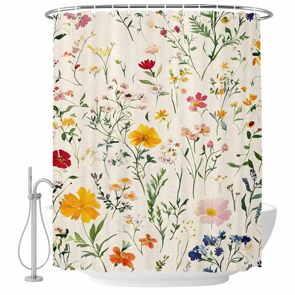 Beige Farmhouse Floral Shower Curtain Set - Small 36" x 72" Washable Bathtub Curtain with 12 Hooks, Spring Summer Botanical Waterproof Fabric Stall Shower Curtains for Bathroom/Bathtub Décor