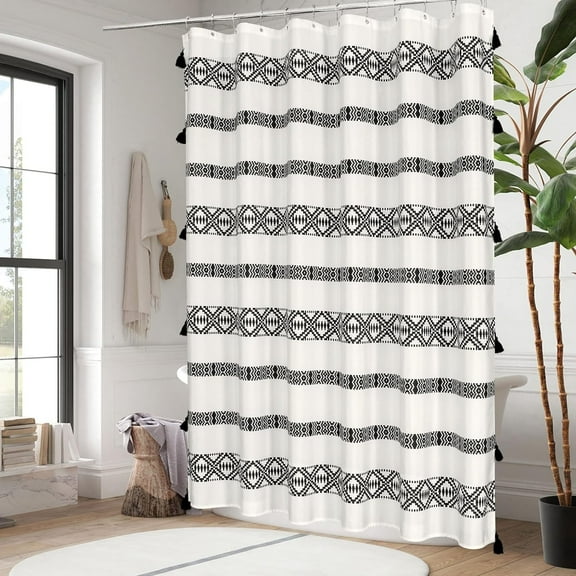 Beige Farmhouse Shower Curtain Set, Modern Boho Tassel Fabric Shower Curtain, Cream Abstract Tribal Geometric Shower Curtains for Country Aesthetic Bathroom Decor, 72 x 72