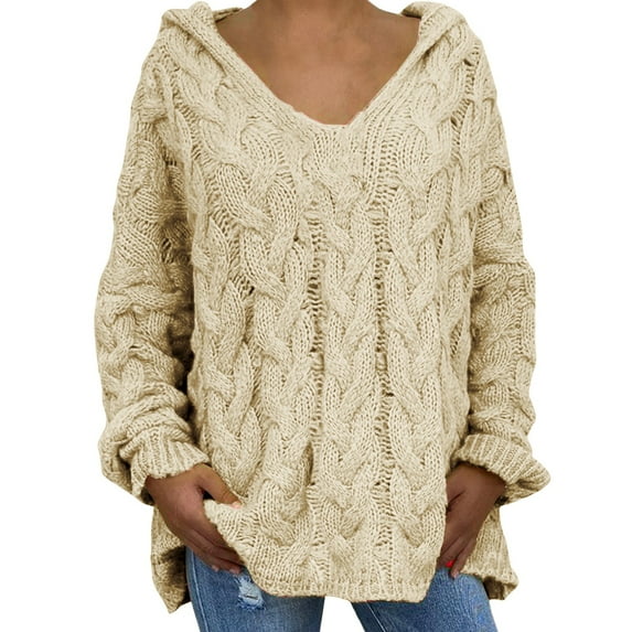 Beige Fashion Solid Solid Color Hooded Neck Big & Tall Women's Pullover Sweater, Women Fashion Loose Large Size Solid Color Hood Long Sleeves Sweater Tops