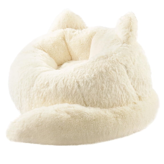Beige Faux Fur Cat-Shaped Bean Bag Chair, Plush Fluffy Floor Seating for