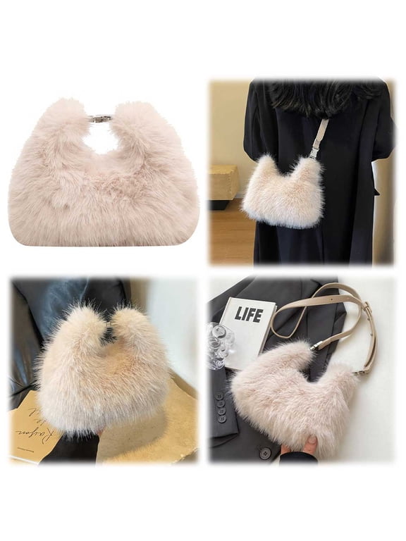 Beige Faux Fur Evening Bag for Women, Fluffy Plush Hobo Shoulder Bag, Cozy Soft Crossbody Handbag for Winter Party Date Night and Holiday Market, Beige