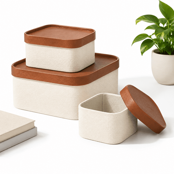 Beige Faux Leather 3-Pack Decorative Storage Boxes with Midcentury Modern Fluted Design