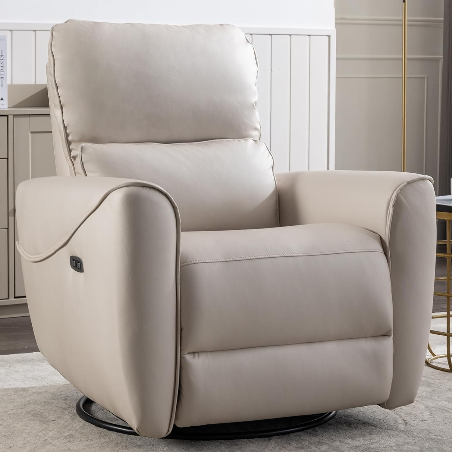 Beige Faux Leather Power 270° Swivel Glider Recliner with Lumbar ...