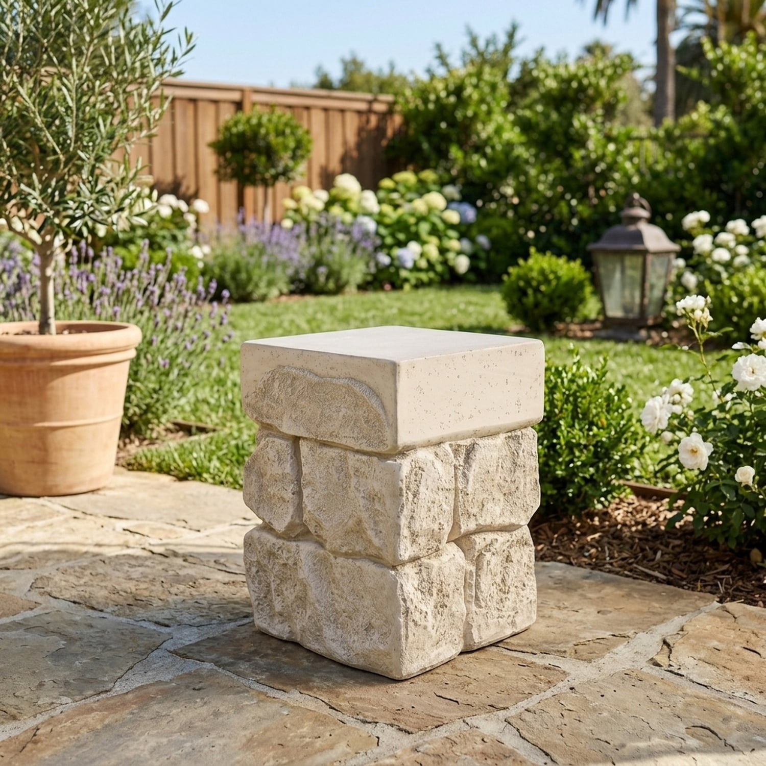 Rustic Simple Headstone Beige Faux Stone Accent End Table - Rustic Square Outdoor Side Table ...