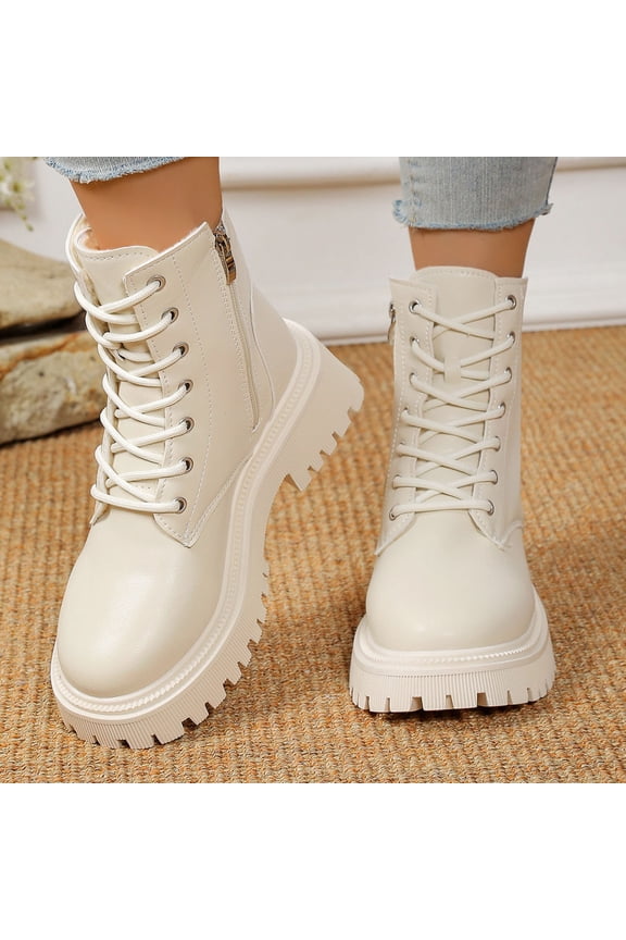 Beige Female Casual Ankle Footwear With Front Lace Up And Side Zipper Suitable For Cold Weather Solid Color Round Toe Mid Heel Construction Everyday Wear