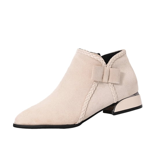 Beige Female Casual Boots With A Sturdy Heel And Decorative Bow Detail Suitable For Fall Winter Trends Thick Sole Design For Enhanced Durability And Fashionable Look
