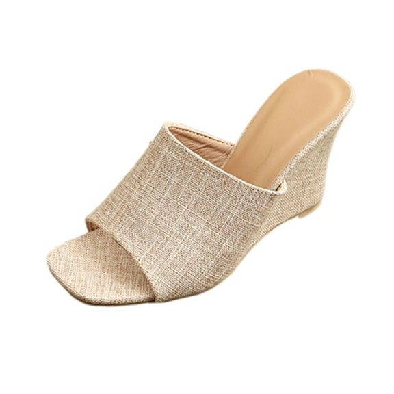 Beige Female Fish Mouth Wedge Heel Slippers With Comfortable Sole And Breathable Design For Various Occasions In Plain Look