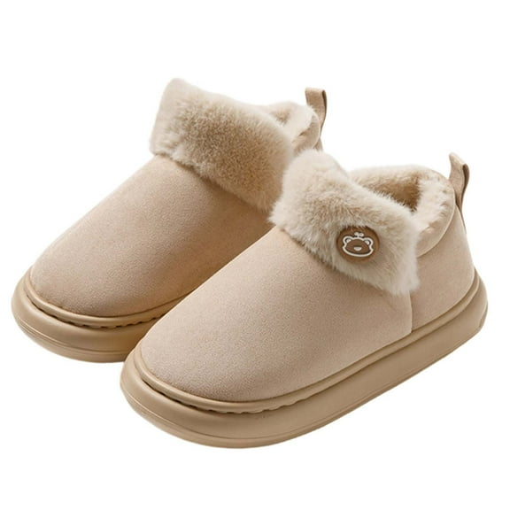 Beige Female Plush Winter Thick Bottom Warm Slippers Home Comfort With Anti Slip Sole