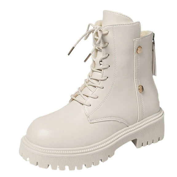 Beige Female Winter High Top Flat Sole British Design Lace Up Warm Ankle Boots Versatile Style