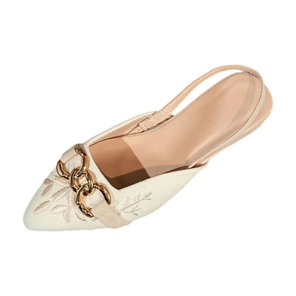 Beige Females Casual Sandals With Embroidered Flowers Pointed Toe Closed Toe Flat Soft Sole Flock