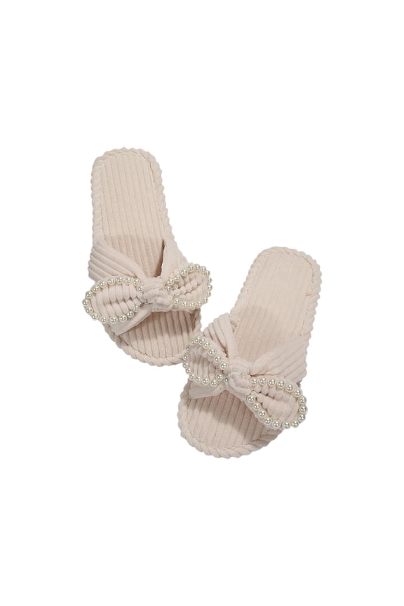 Beige Females Comfy Style Pearl Bow Round Toe Open Toe One Foot Home Flat Slippers For Everyday Use