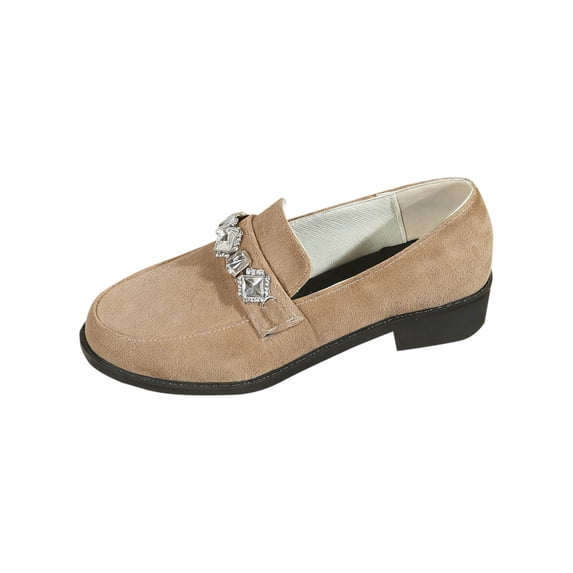 Beige Women'S Rhinestone Loafers Sparkly Flat Low Heel Shoes Round Toe Slip-On Comfortable Chunky Heel Casual Dress Ballet Flats Size 41
