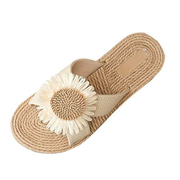 Beige Feminine Casual Sandals Featuring Straw Rope Design Flat Heel For Outdoor Beach Use In Spring Summer
