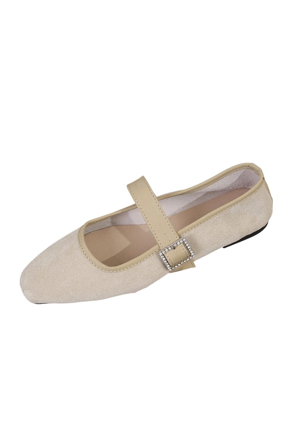 Beige Womens Casual Slip On Flats Mary Jane Style With Rhinestone Buckle Round Toe Soft Fabric for Daily Wear Size 6