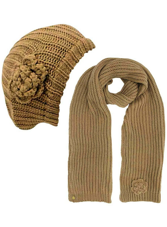 Beige Feminine Rosette Knit Beret Hat & Scarf Set